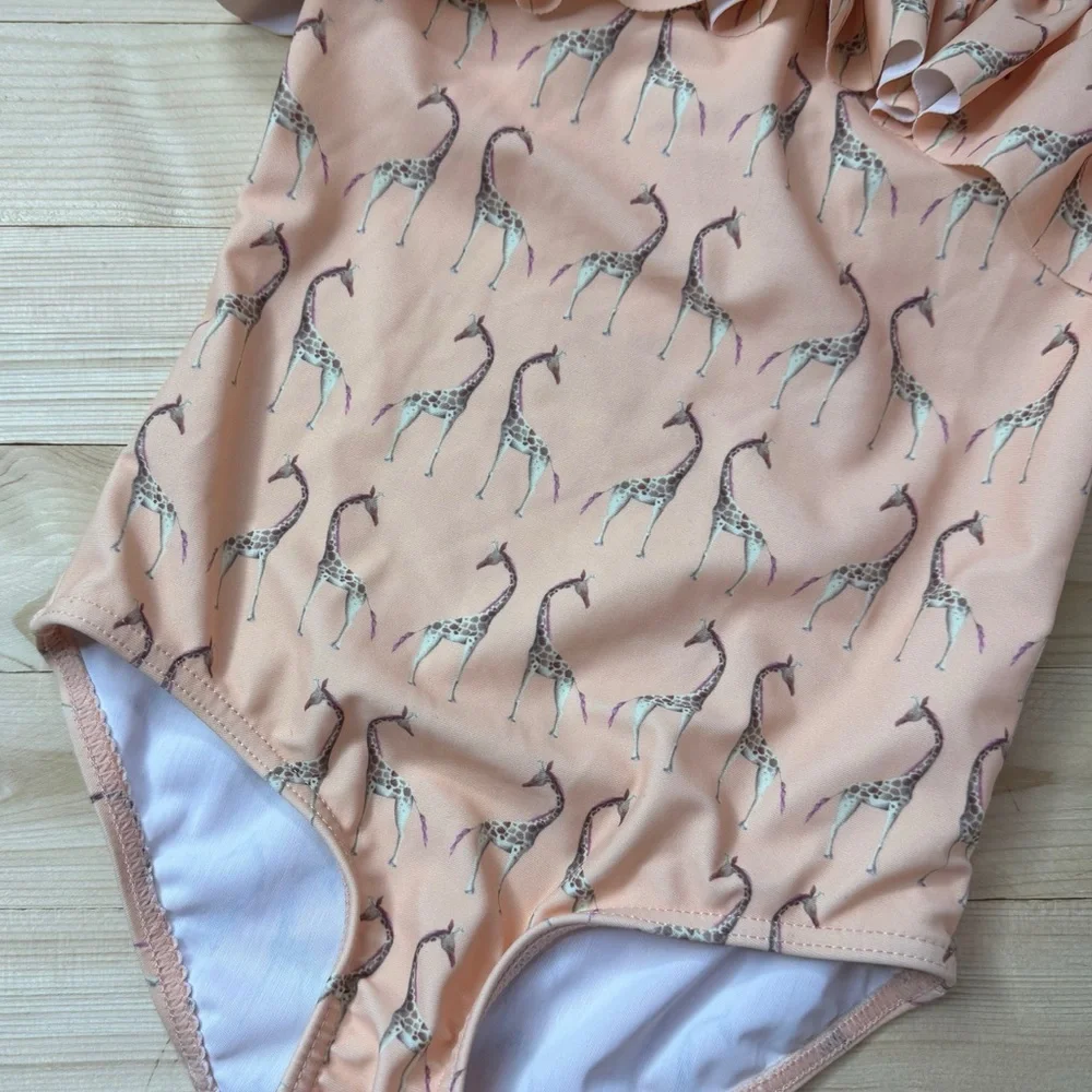 Boutique Giraffe Swimsuit Girls 3T Ruffle One Piece Neutral Safari Beach Cute